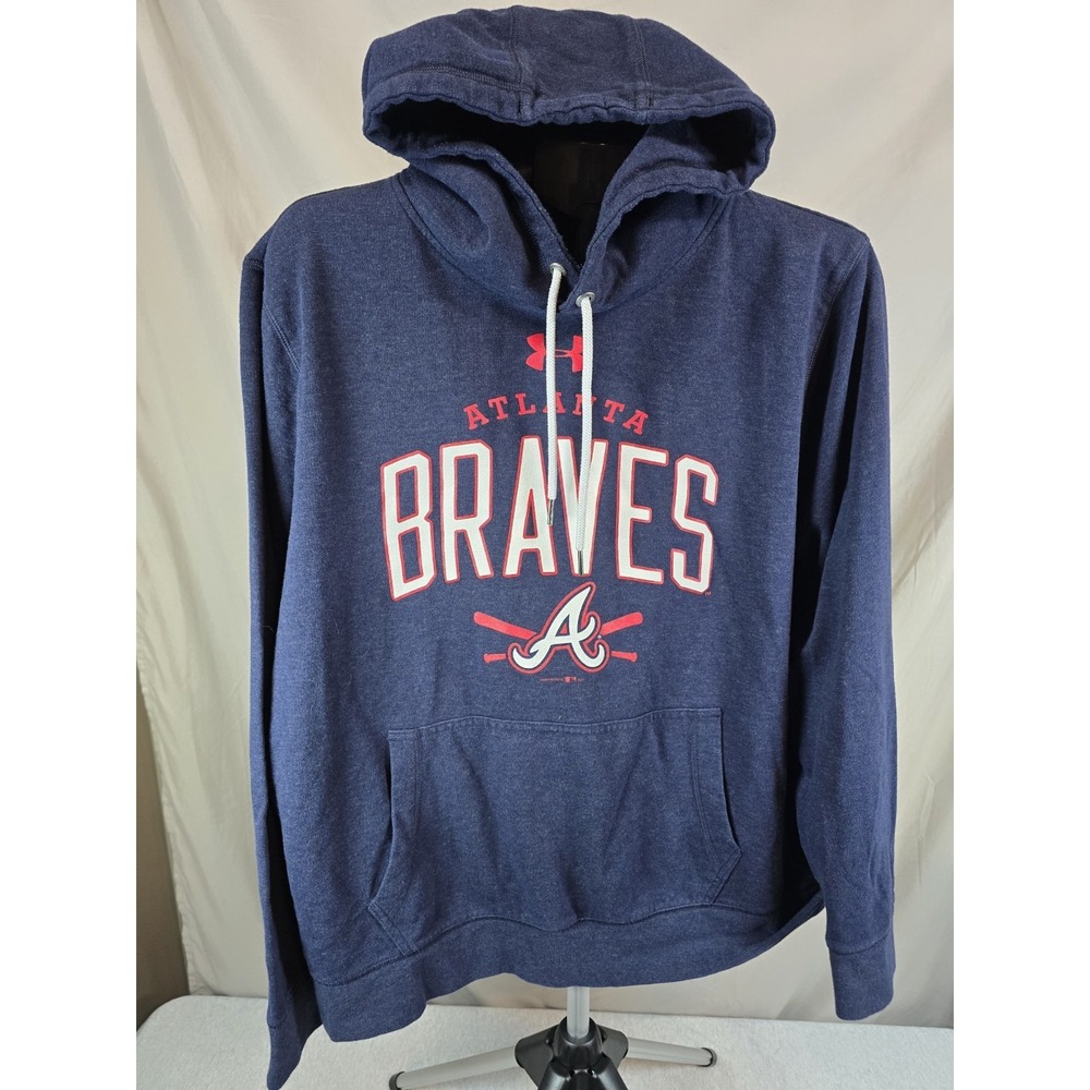 UA navy Atlanta Braves L‎ pullover hoodie featuring red and white team